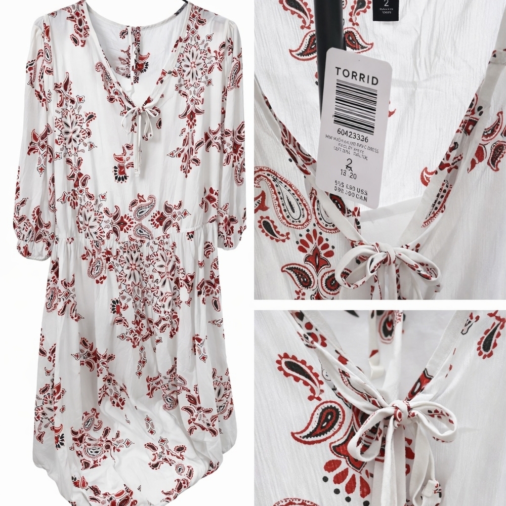 Torrid White Dress with Red Paisley Pattern and Adjustable Strap Slip